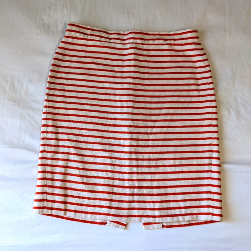 J. Crew "The Pencil Skirt" Linen Blend Orange White Stripes Size 2